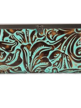 Patricia Nash Turquoise and Brown Tooled Leather Clutch Wallet